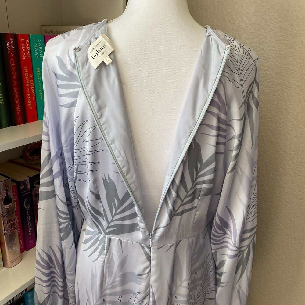 BOHME Gray Elegant Leaf Pattern Romantic Whimsical Long Sleeve Boho Maxi Dress L - Picture 10 of 12